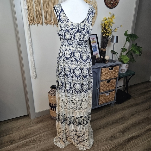 Sundays in Brooklyn Sing-The-Blues Away Nude Lace Maxi Dress Sz L boho - Picture 8 of 12